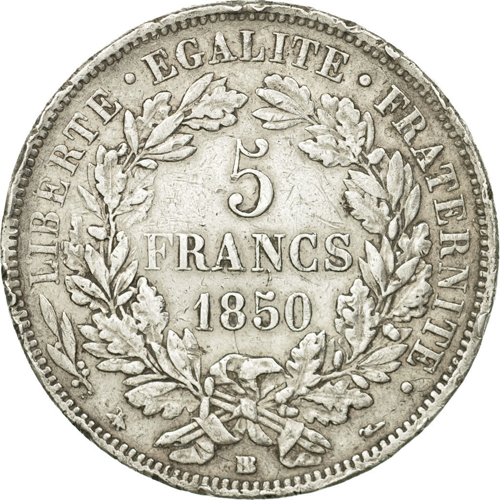 Coin, France, Cérès, 5 Francs, 1850, Strasbourg, EF(40-45), Silver, KM:761.2