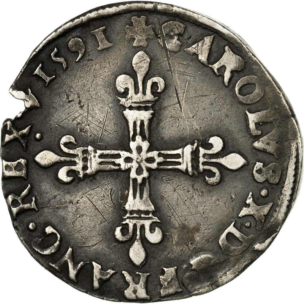 Moneda, Francia, Charles X, 1/4 Ecu, 1591, Paris, BC+, Plata, Sombart:4670