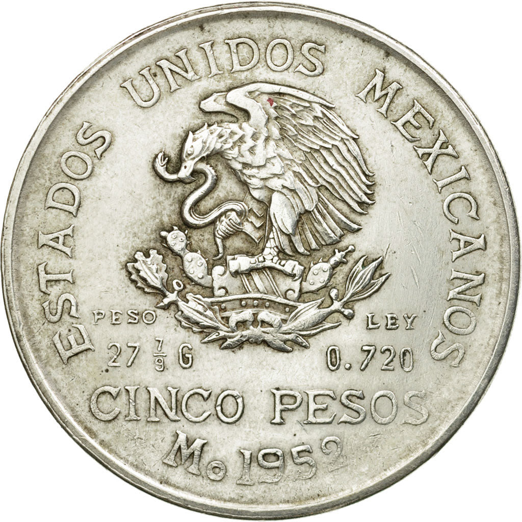 Moneda, México, 5 Pesos, 1952, Mexico City, MBC, Plata, KM:467