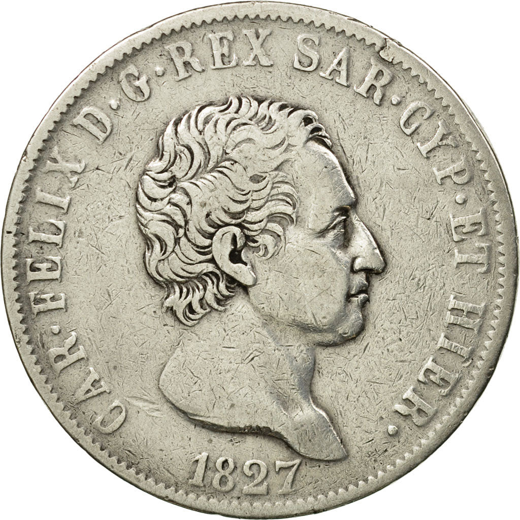 Moneta, STATI ITALIANI, SARDINIA, Carlo Felice, 5 Lire, 1827, Genoa, MB+