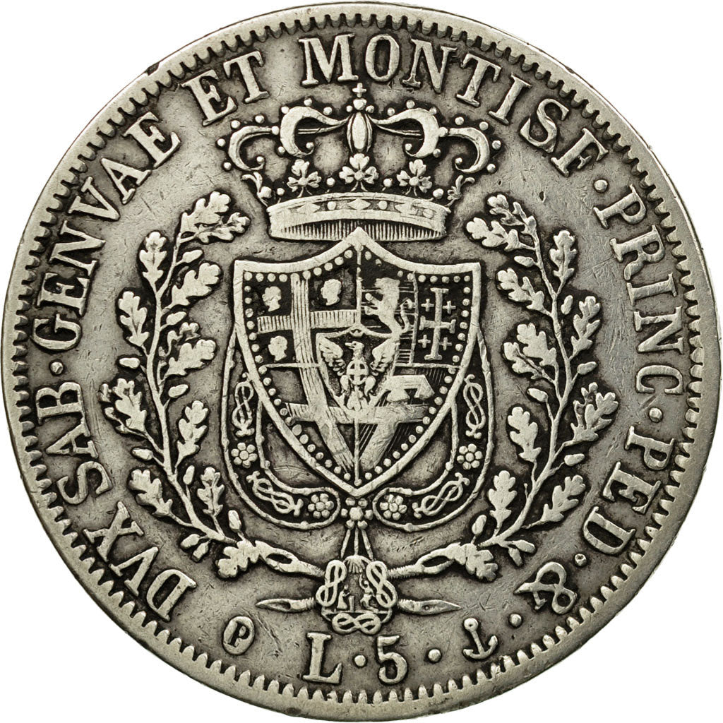 Moneta, STATI ITALIANI, SARDINIA, Carlo Felice, 5 Lire, 1827, Genoa, MB+