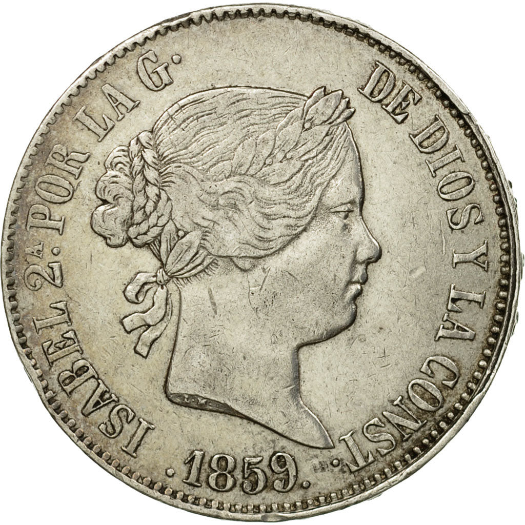 Moneda, España, Isabel II, 10 Reales, 1859/7, Sevilla, MBC, Plata, KM:611.3
