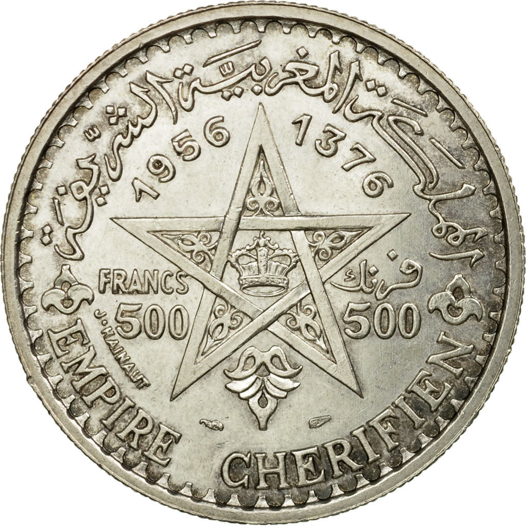 Coin, Morocco, Mohammed V, 500 Francs, 1956, Paris, AU(55-58), Silver, KM:54