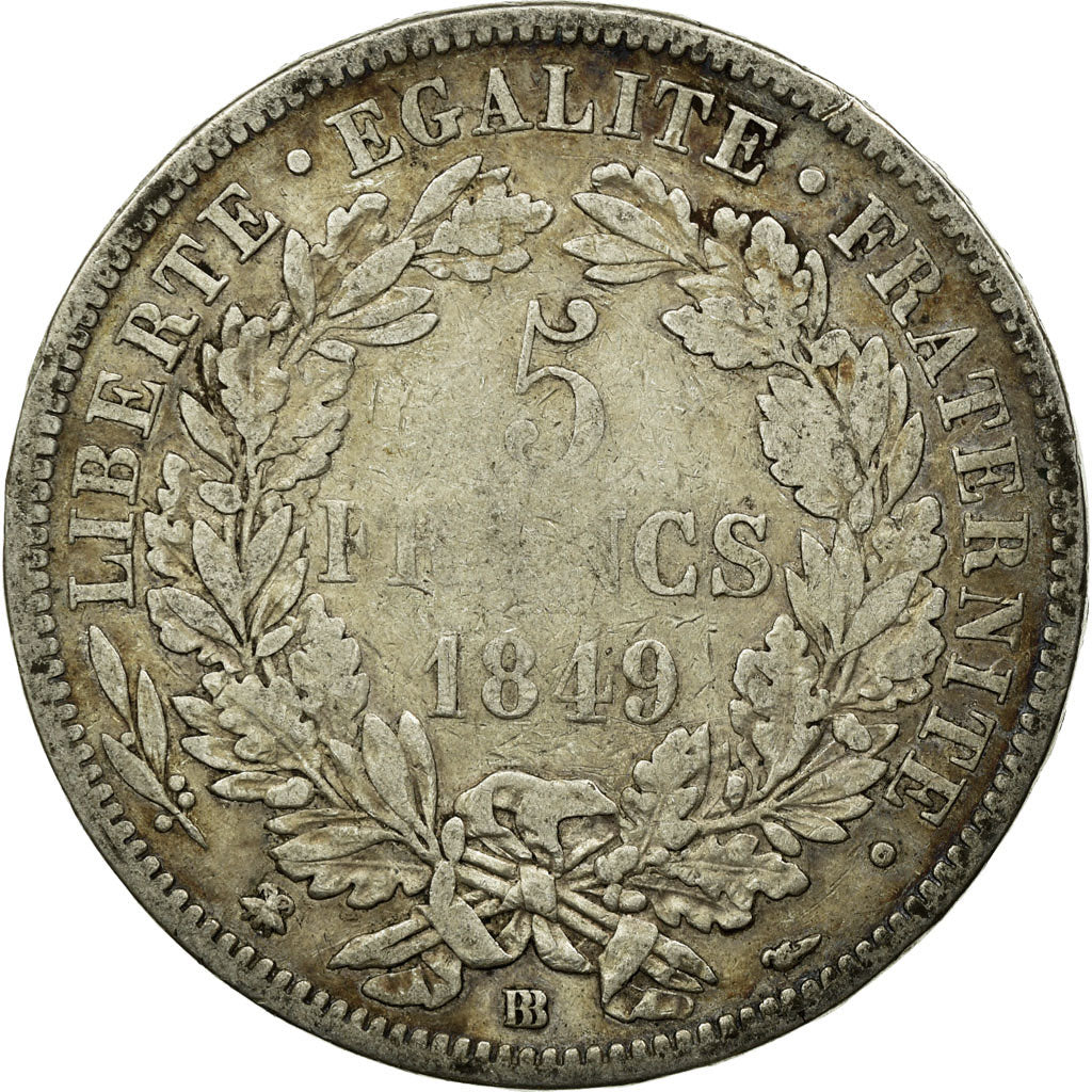 Coin, France, Cérès, 5 Francs, 1849, Strasbourg, VF(20-25), Silver, KM:761.2