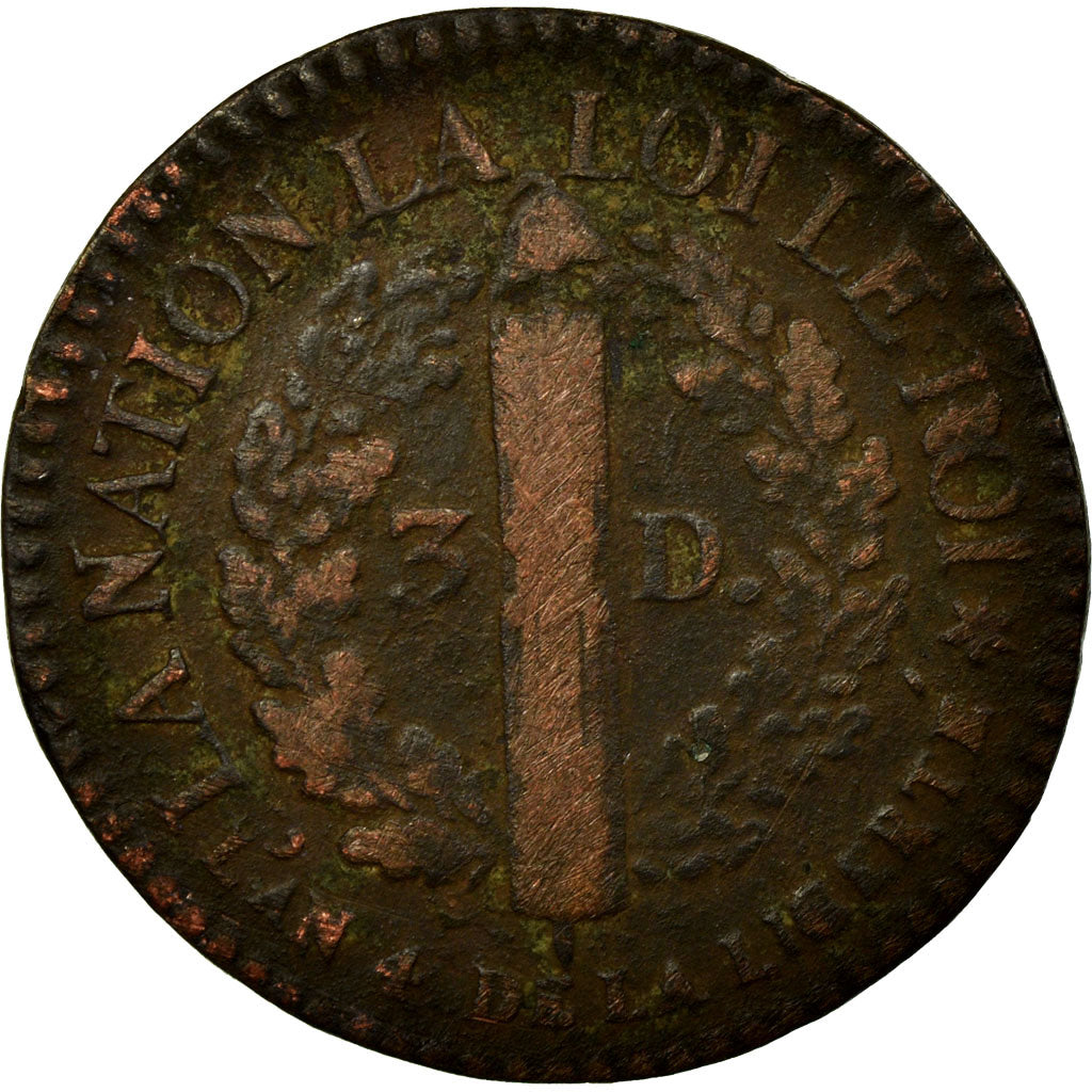 Coin, France, Louis XVI, 3 deniers français, 1792, Strasbourg
