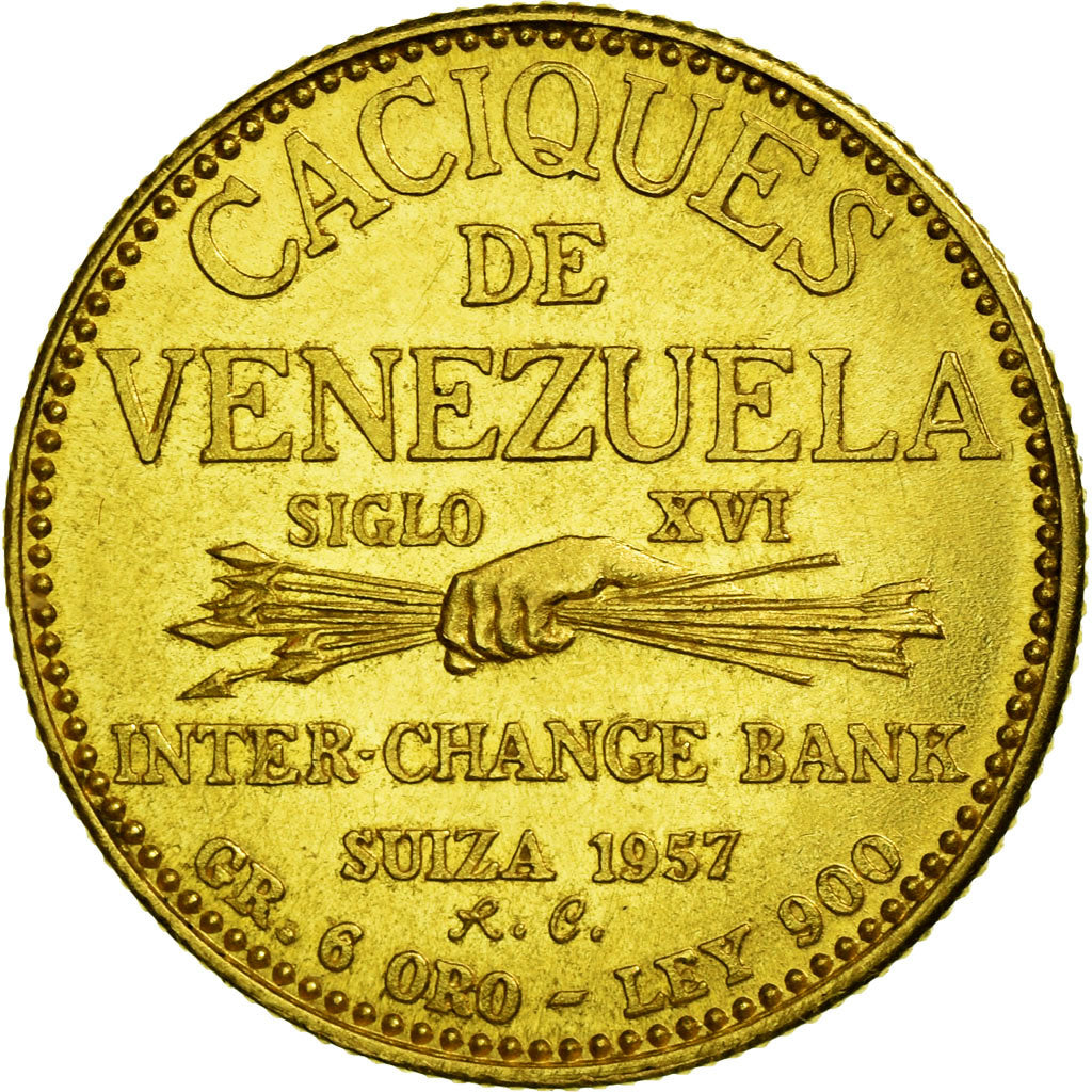 Coin, Venezuela, Tamanaco, 20 Bolivares, 1957, Karlsruhe, MS(60-62), Gold