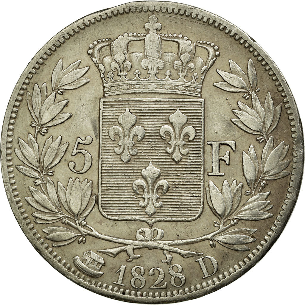 Coin, France, Charles X, 5 Francs, 1828, Lyons, VF(30-35), Silver, KM:728.4