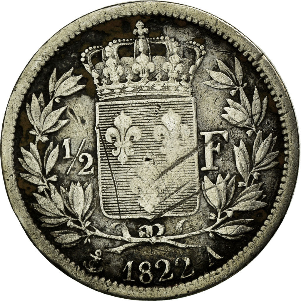 Moneda, Francia, Louis XVIII, Louis XVIII, 1/2 Franc, 1822, Paris, BC, Plata