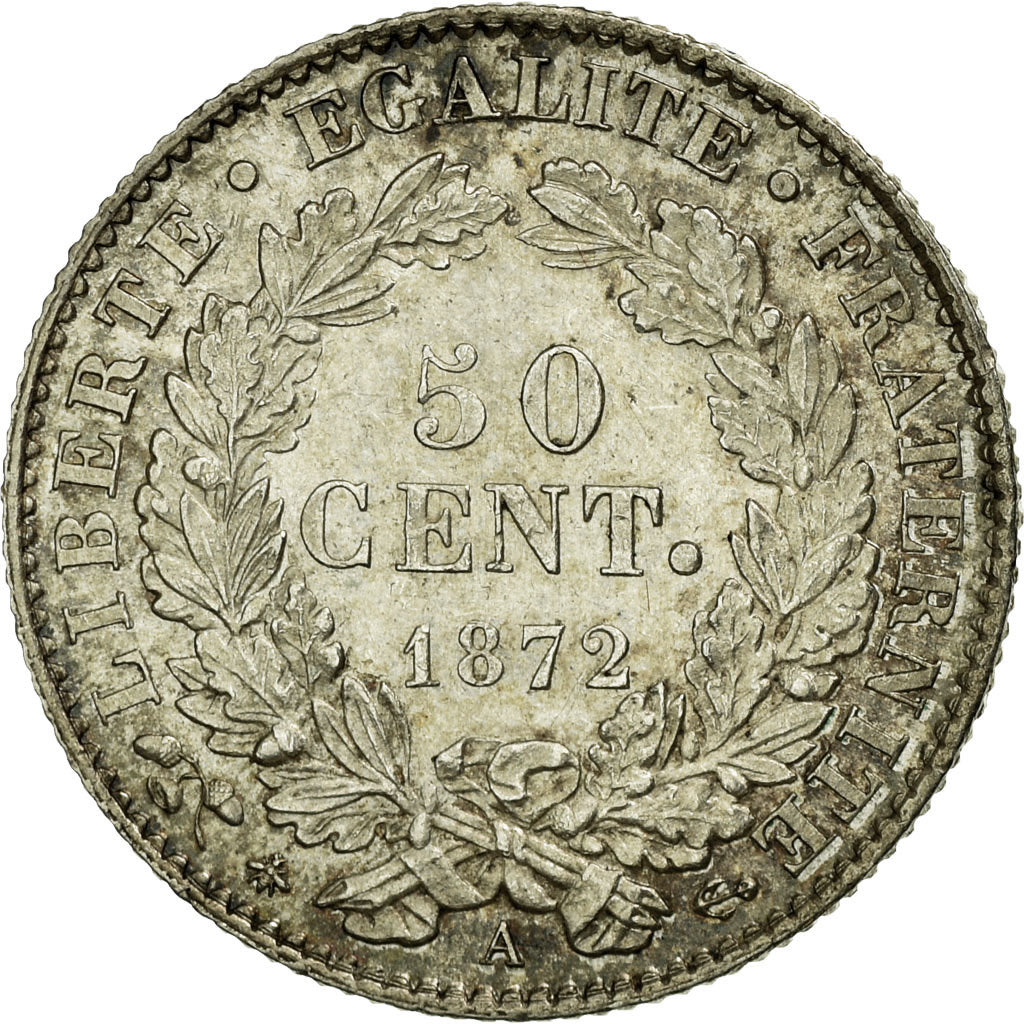 Moneta, Francja, Cérès, 50 Centimes, 1872, Paris, MS(60-62), Srebro, KM:834.1