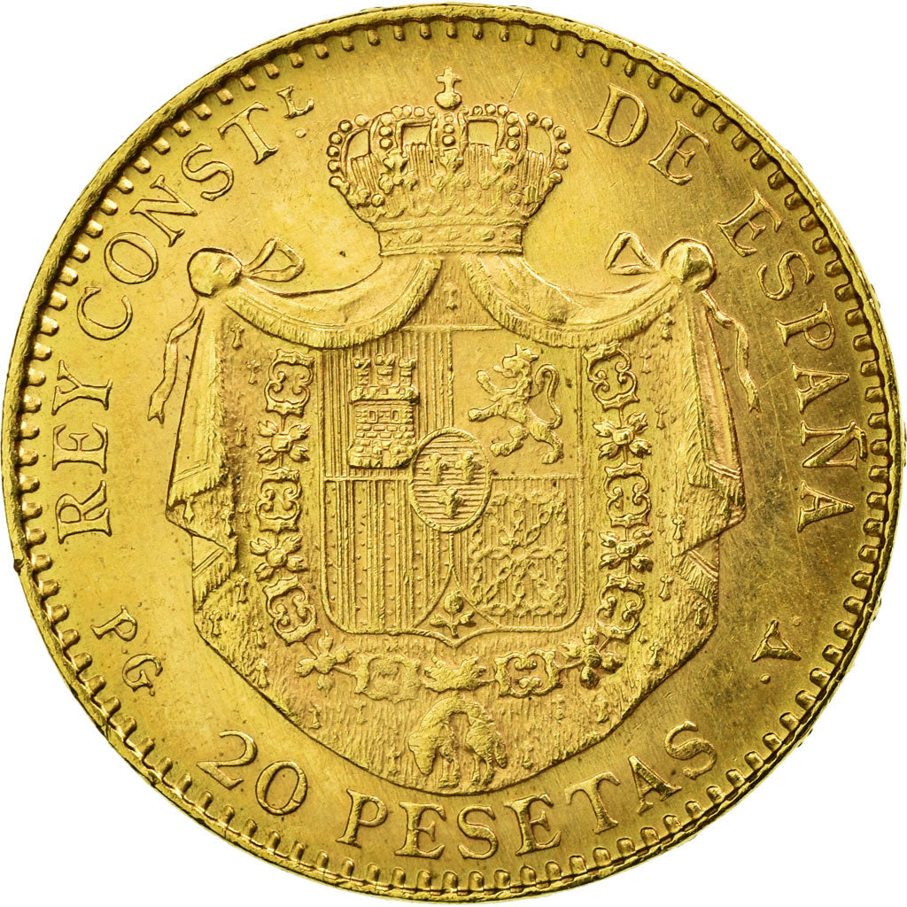 Coin, Spain, Alfonso XIII, 20 Pesetas, 1887, Madrid, Restrike, MS(63), Gold