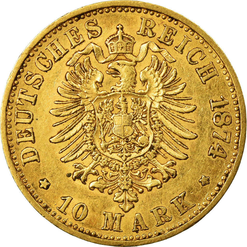 Münze, Deutsch Staaten, PRUSSIA, Wilhelm I, 10 Mark, 1874, Bayreuth, SS+, Gold