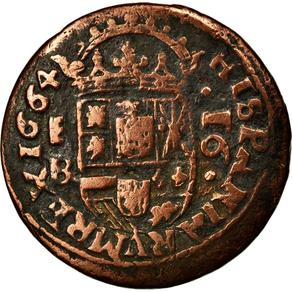 Moneta, Spagna, Philip IV, 16 Maravedis, 1664, Segovia, MB+, Rame, KM:172.6
