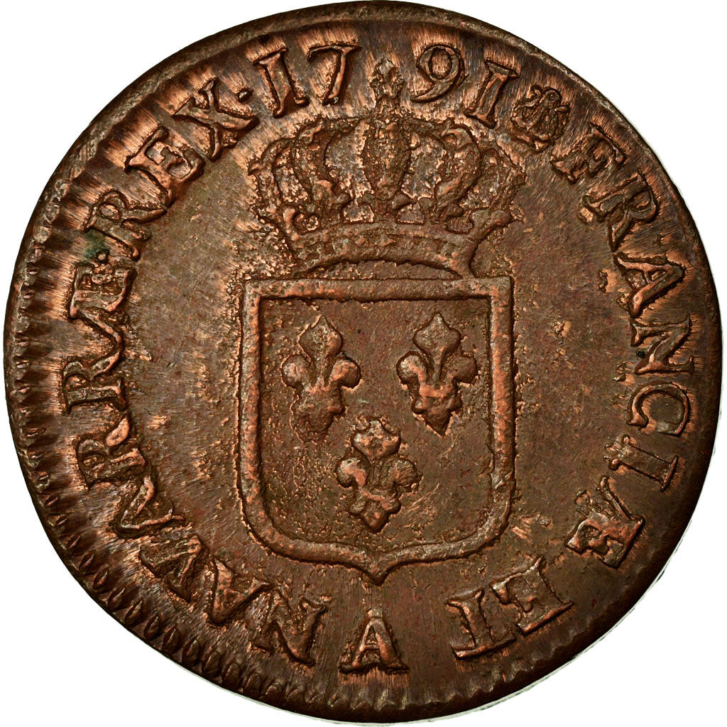 Coin, France, Louis XVI, Sol, 1791, Paris, AU(50-53), Copper