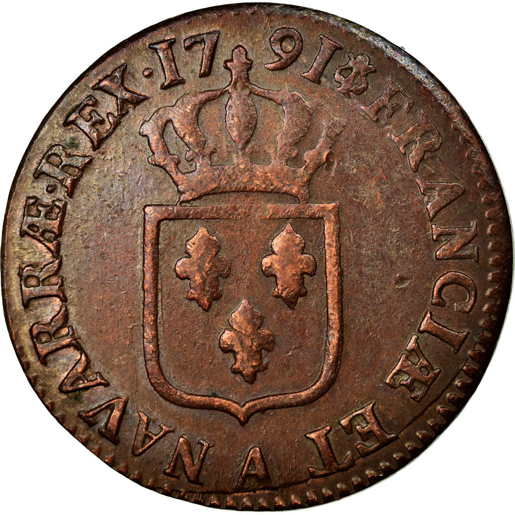 Coin, France, Louis XVI, Sol, 1791, Paris, EF(40-45), Copper
