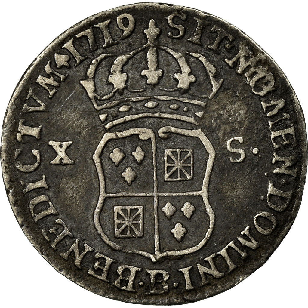 Coin, France, Louis XV, 10 sols de France-Navarre, 1719, Rouen, VF(30-35)