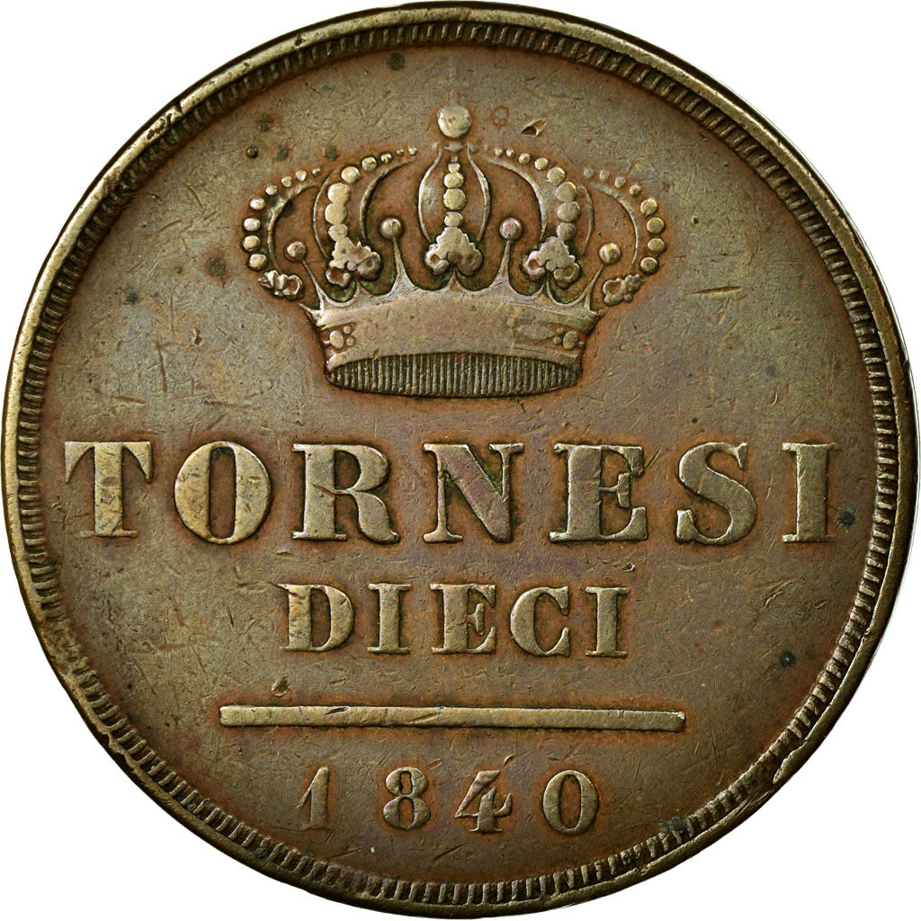 Moneda, Estados italianos, NAPLES, Ferdinando II, 10 Tornesi, 1840, BC+, Cobre