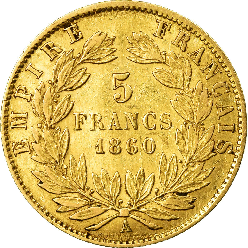 Moneda, Francia, Napoleon III, Napoléon III, 5 Francs, 1860, Paris, BC+, Oro