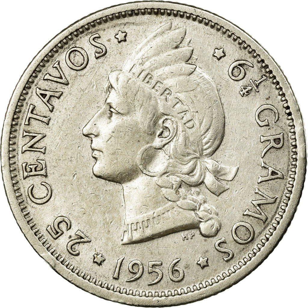 Moneda, República Dominicana, 25 Centavos, 1956, MBC, Plata, KM:20