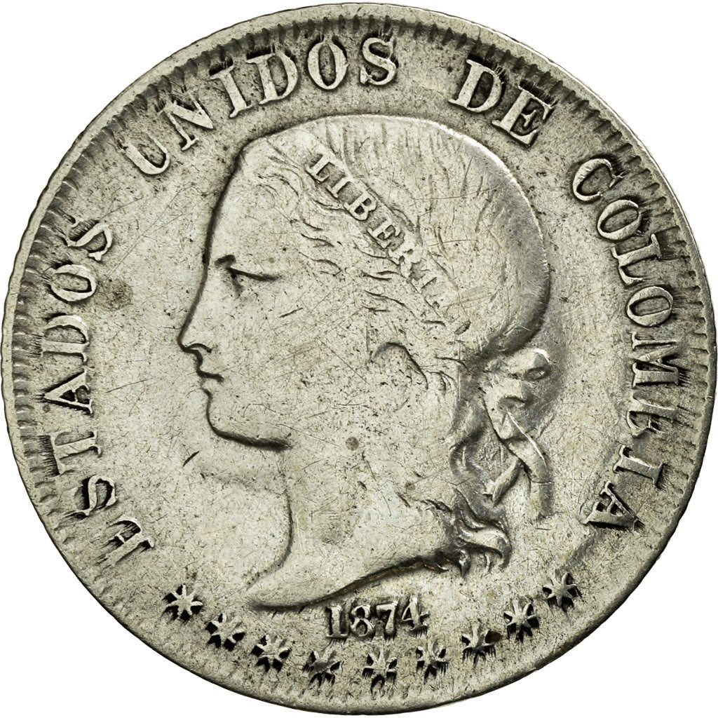 Coin, Colombia, 2 Decimos, 1874, Medellin, VF(20-25), Silver, KM:160