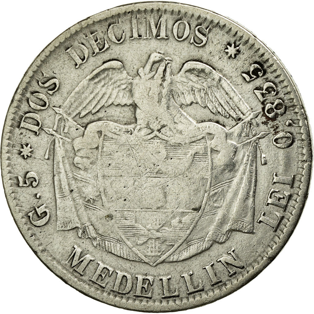 Coin, Colombia, 2 Decimos, 1874, Medellin, VF(20-25), Silver, KM:160