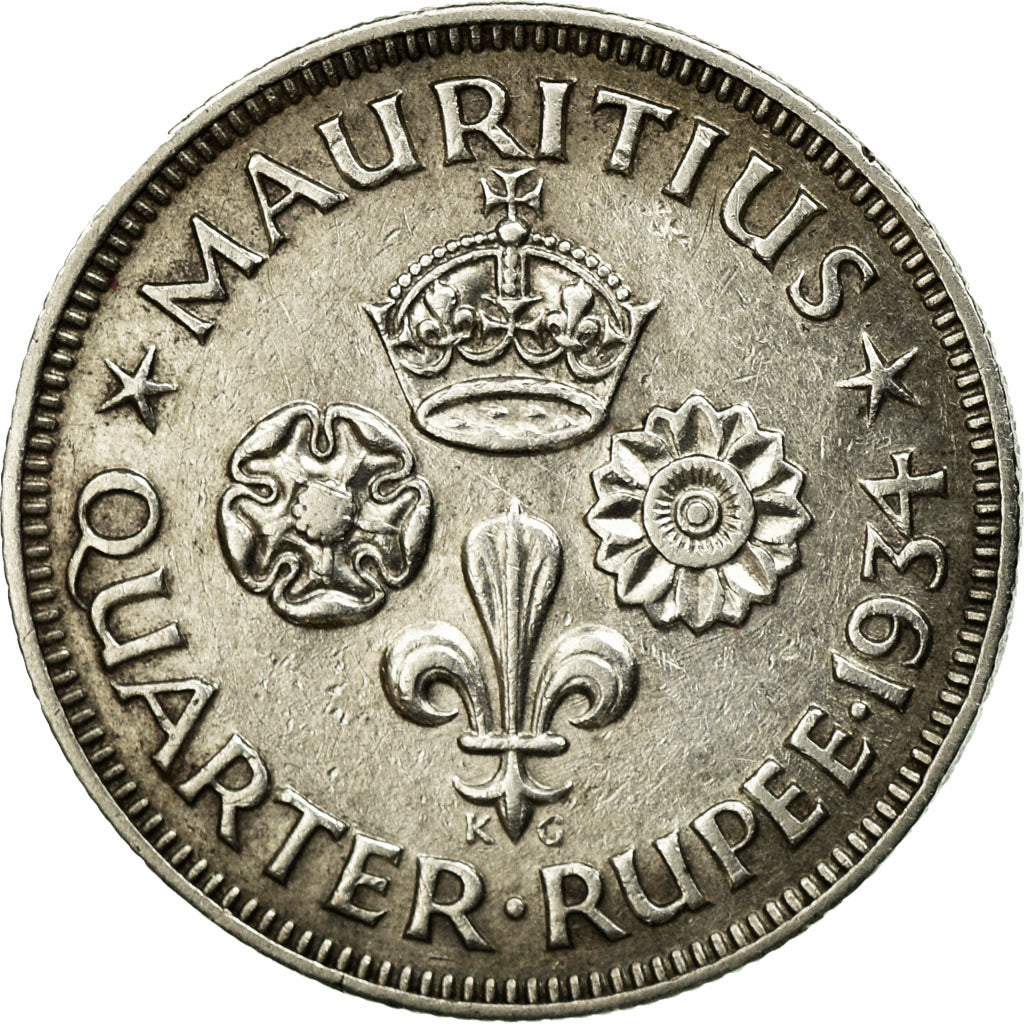 Coin, Mauritius, George V, 1/4 Rupee, 1934, AU(50-53), Silver, KM:15