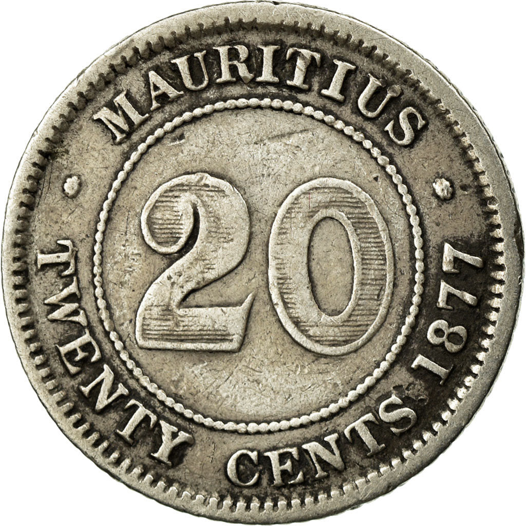 Coin, Mauritius, Victoria, 20 Cents, 1877, Heaton, VF(30-35), Silver, KM:11.1