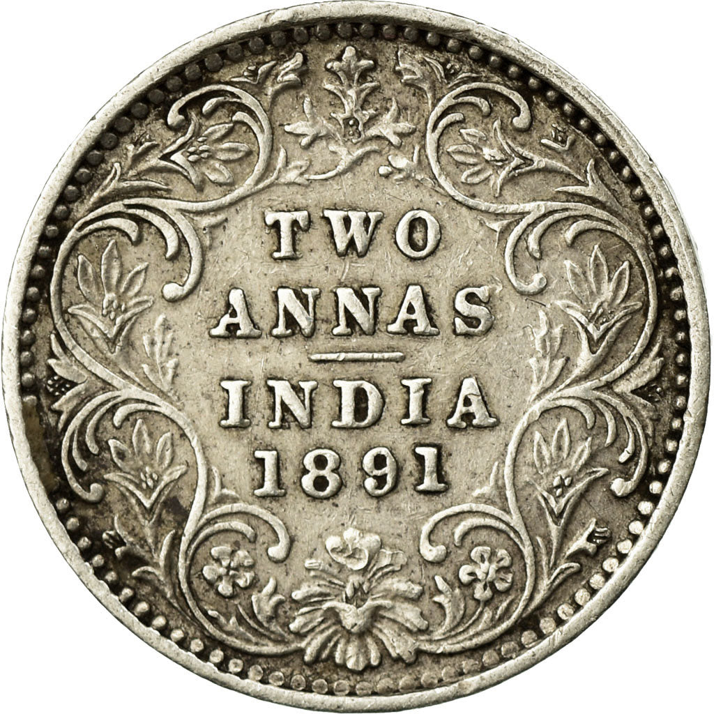 Coin, INDIA-BRITISH, Victoria, 2 Annas, 1891, Bombay, EF(40-45), Silver, KM:488