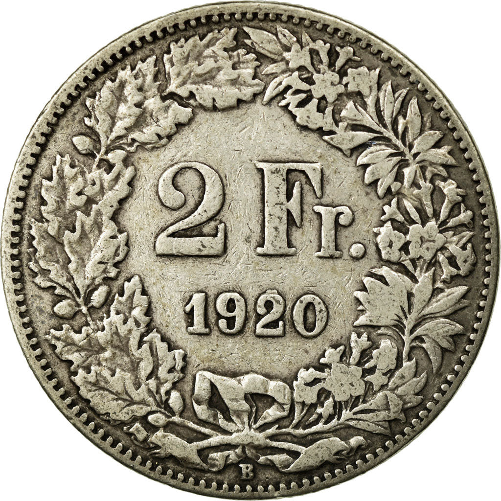 Coin, Switzerland, 2 Francs, 1920, Bern, VF(30-35), Silver, KM:21