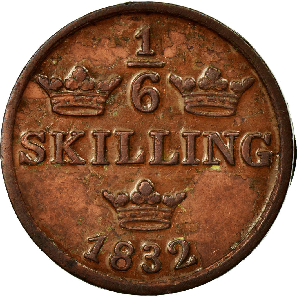Moneta, Svezia, Carl XIV Johan, 1/6 Skilling, 1832, BB, Rame, KM:633