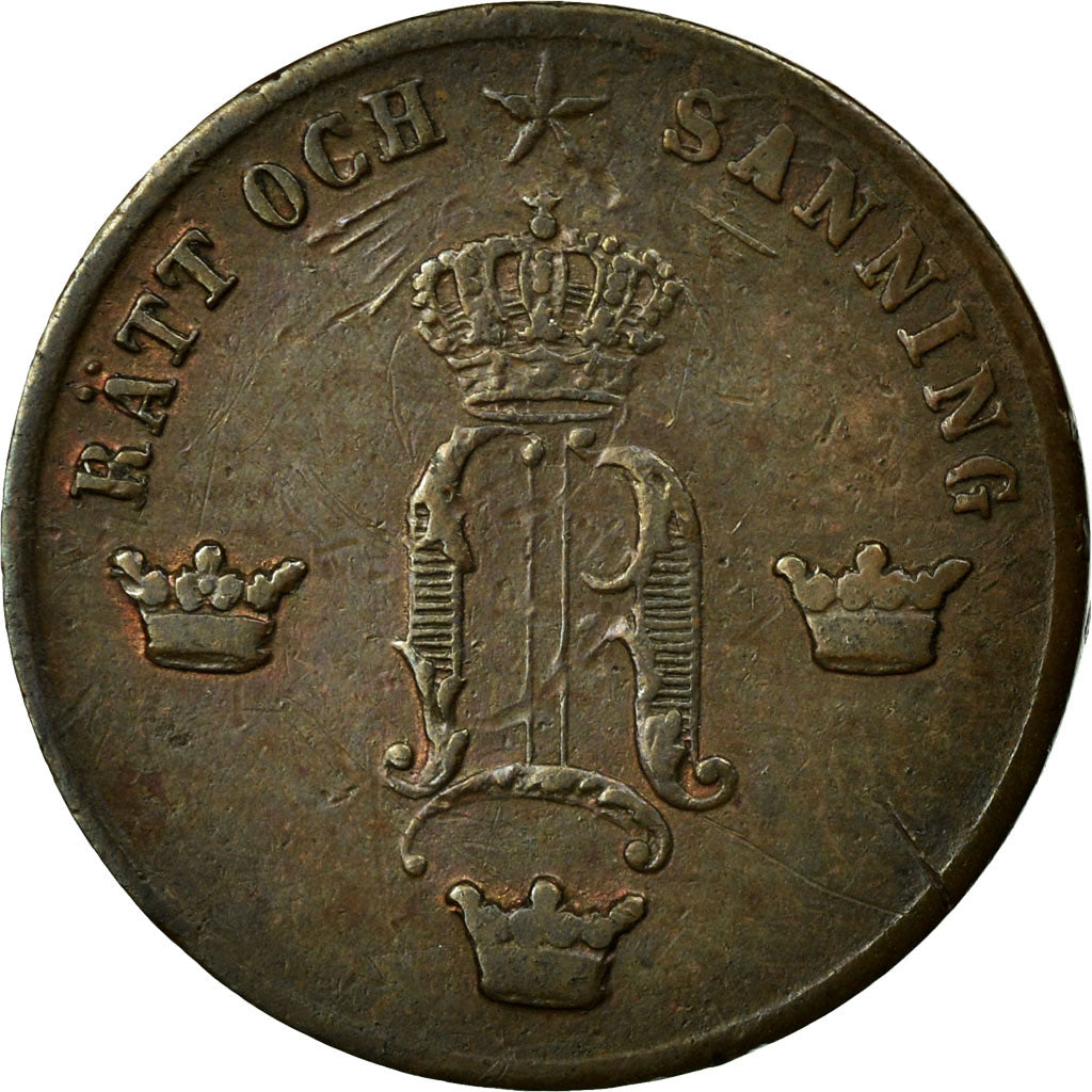 Moneta, Svezia, Oscar I, 1/2 Ore, 1858, MB+, Bronzo, KM:686