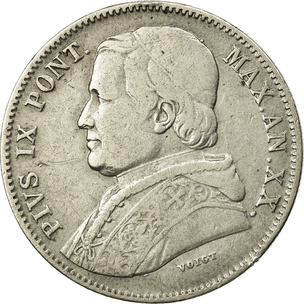 Coin, Vatican, Pius IX, 20 Baiocchi, 1865, Rome, VF(30-35), Silver