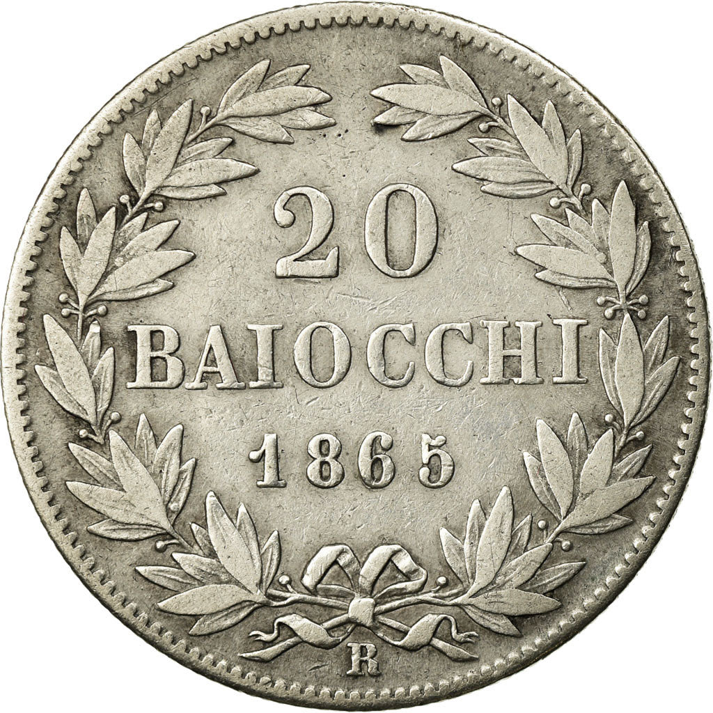 Coin, Vatican, Pius IX, 20 Baiocchi, 1865, Rome, VF(30-35), Silver