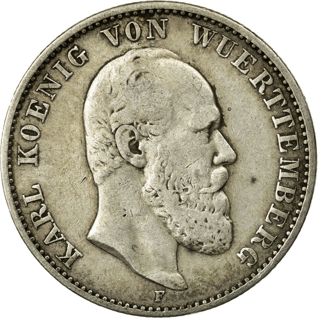 Coin, German States, WURTTEMBERG, Karl I, 2 Mark, 1876, Freudenstadt, VF(30-35)
