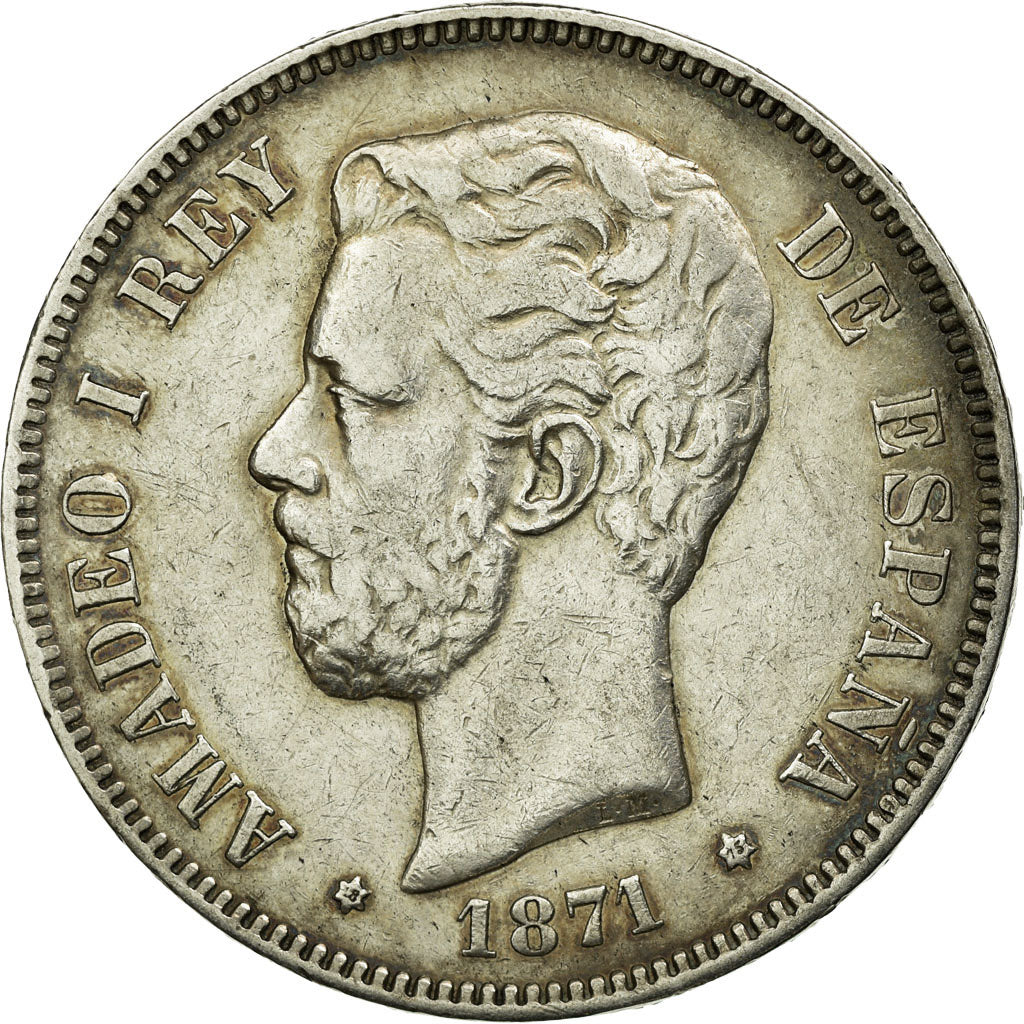 Moneta, Spagna, Amadeao I, 5 Pesetas, 1871 (75), Madrid, BB, Argento, KM:666