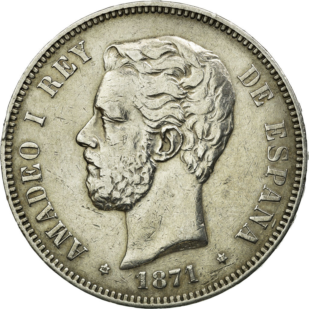Moneda, España, Amadeao I, 5 Pesetas, 1871, Madrid, MBC, Plata, KM:666
