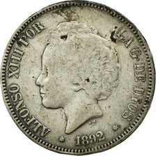 Moneda, España, Alfonso XIII, 5 Pesetas, 1892, Madrid, BC+, Plata, KM:700