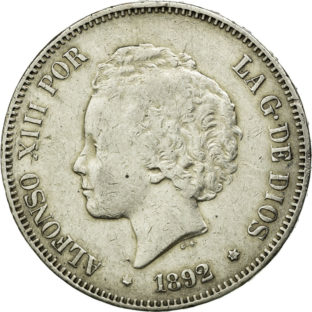 Moneta, Spagna, Alfonso XIII, 5 Pesetas, 1892, Madrid, BB, Argento, KM:700