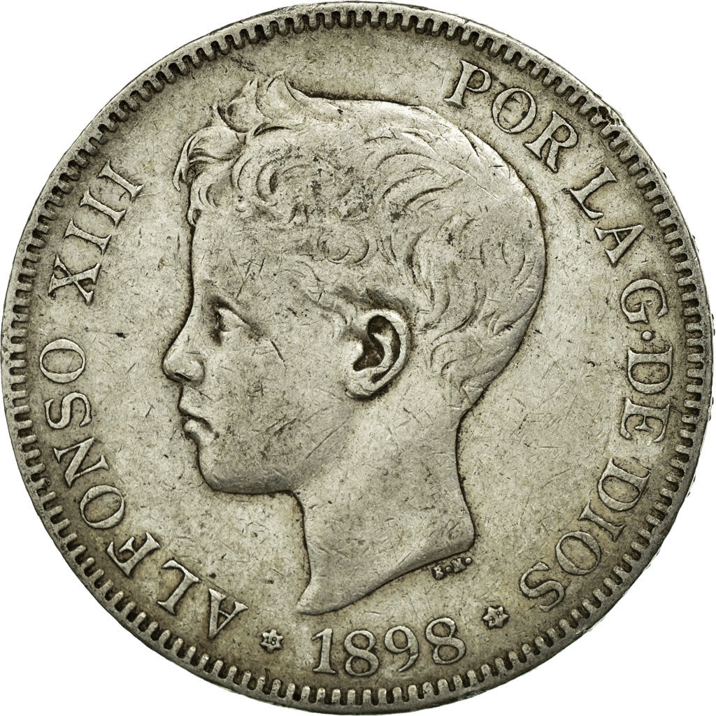 Moneta, Spagna, Alfonso XIII, 5 Pesetas, 1898, Madrid, MB+, Argento, KM:707