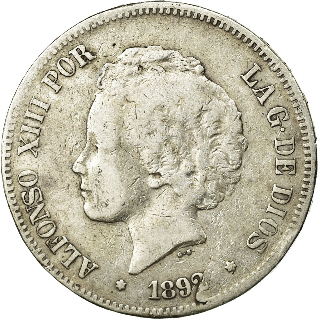 Moneda, España, Alfonso XIII, 5 Pesetas, 1892, Madrid, Rotura de cuño, Plata