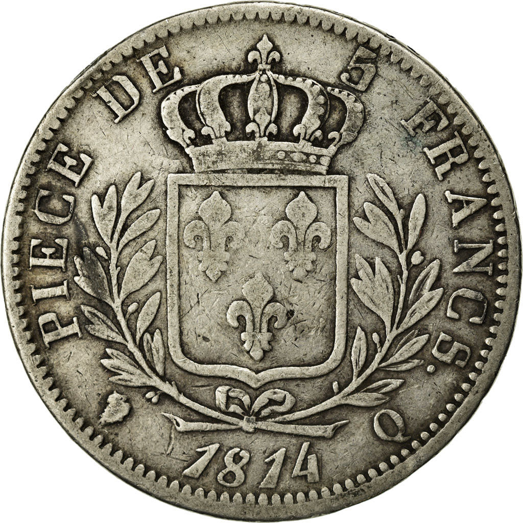 Coin, France, Louis XVIII, 5 Francs, 1814, Perpignan, VF(20-25), Silver