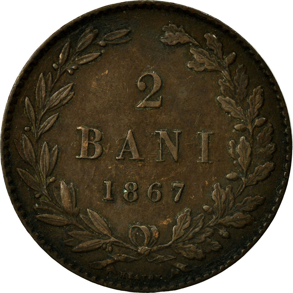 Moneta, Romania, Carol I, 2 Bani, 1867, Heaton, BB+, Rame, KM:2.1