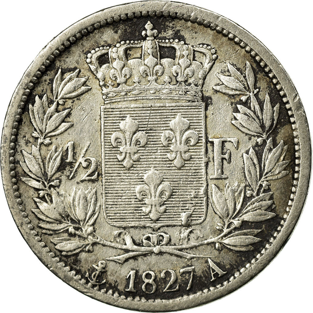 Coin, France, Charles X, 1/2 Franc, 1827, Paris, VF(30-35), Silver, KM:723.1