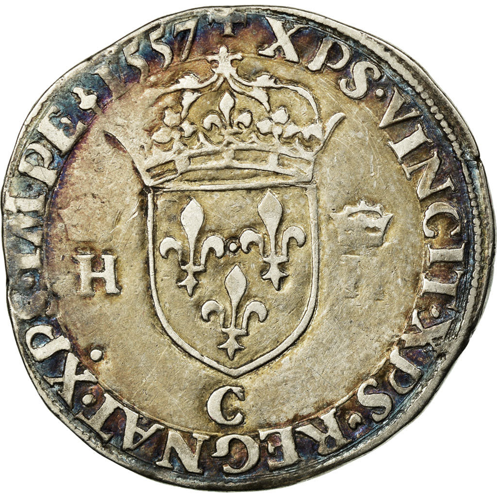 Moneta, Francja, Henri II, Teston, 1557, Saint Lô, VF(30-35), Srebro