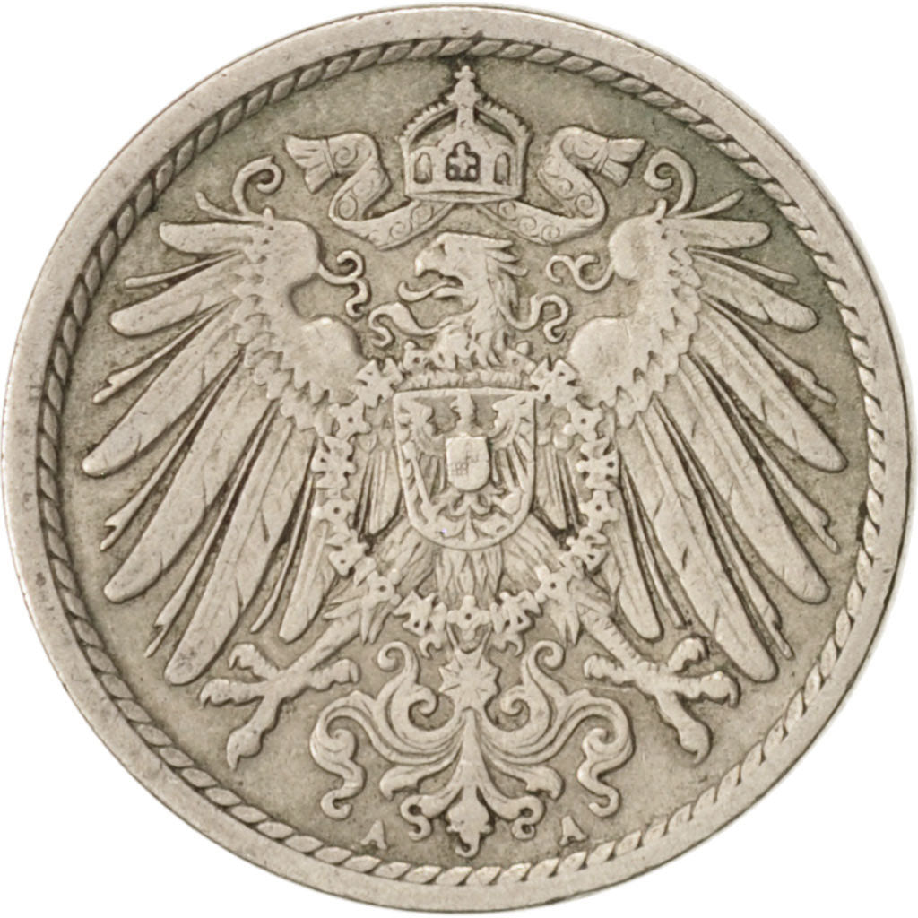 GERMANY - EMPIRE, Wilhelm II, 5 Pfennig, 1908, Berlin, Copper-nickel, KM:11