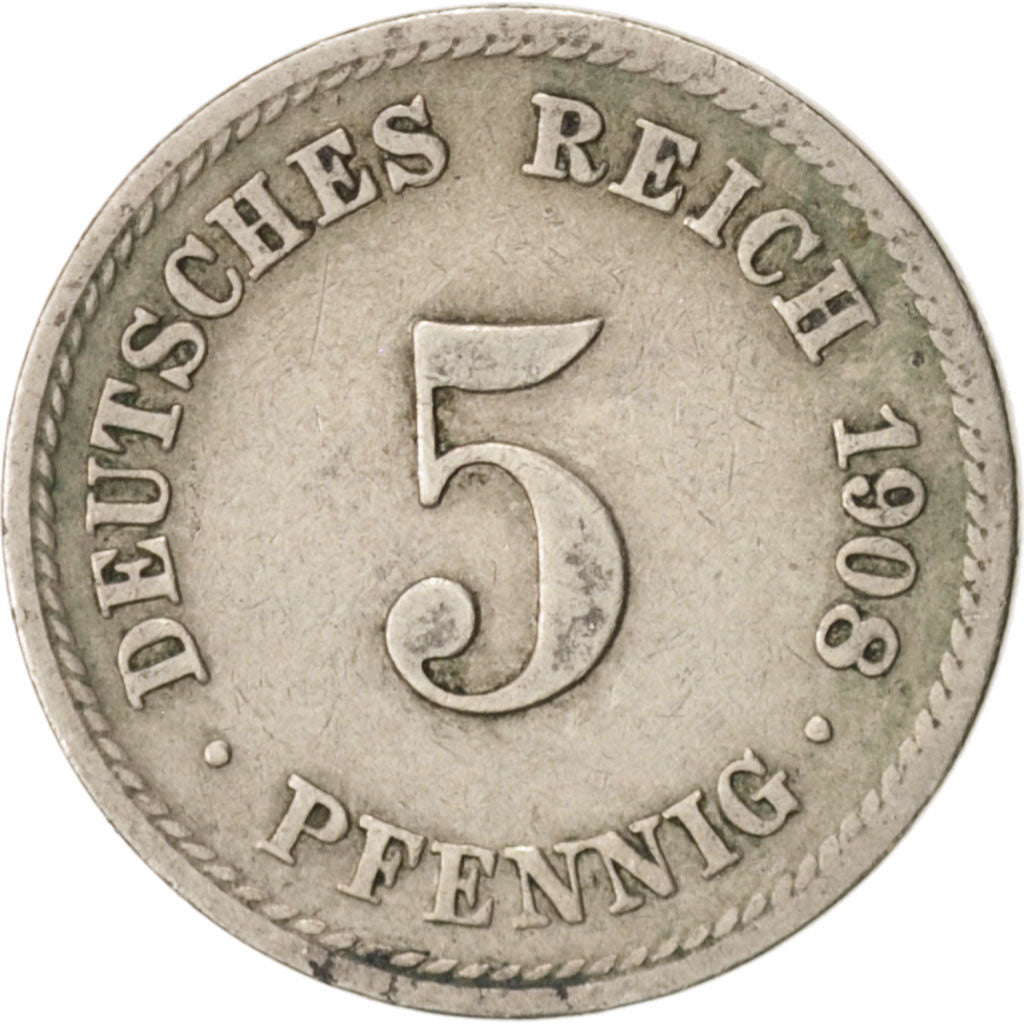 GERMANY - EMPIRE, Wilhelm II, 5 Pfennig, 1908, Berlin, Copper-nickel, KM:11