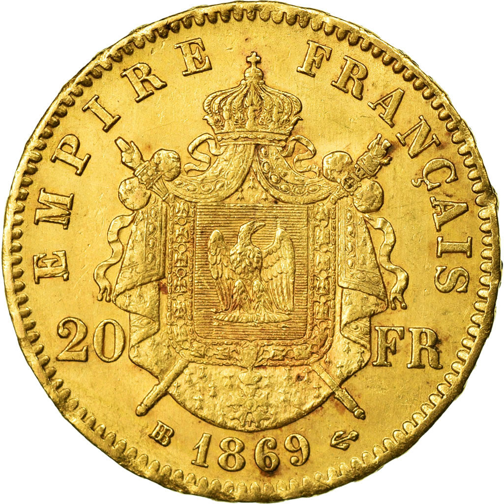 Moneda, Francia, Napoleon III, Napoléon III, 20 Francs, 1869, Strasbourg, MBC+
