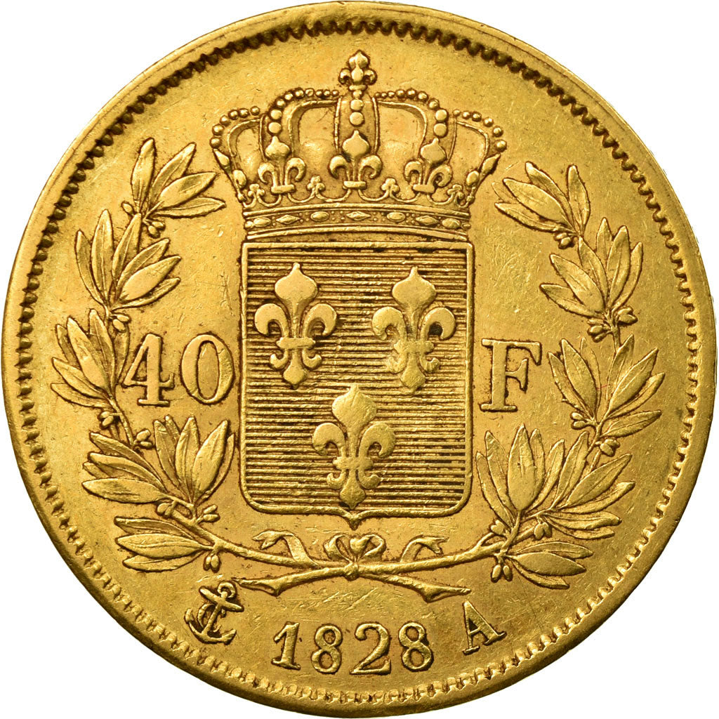 Moneta, Francia, Charles X, 40 Francs, 1828, Paris, BB, Oro, KM:721.1