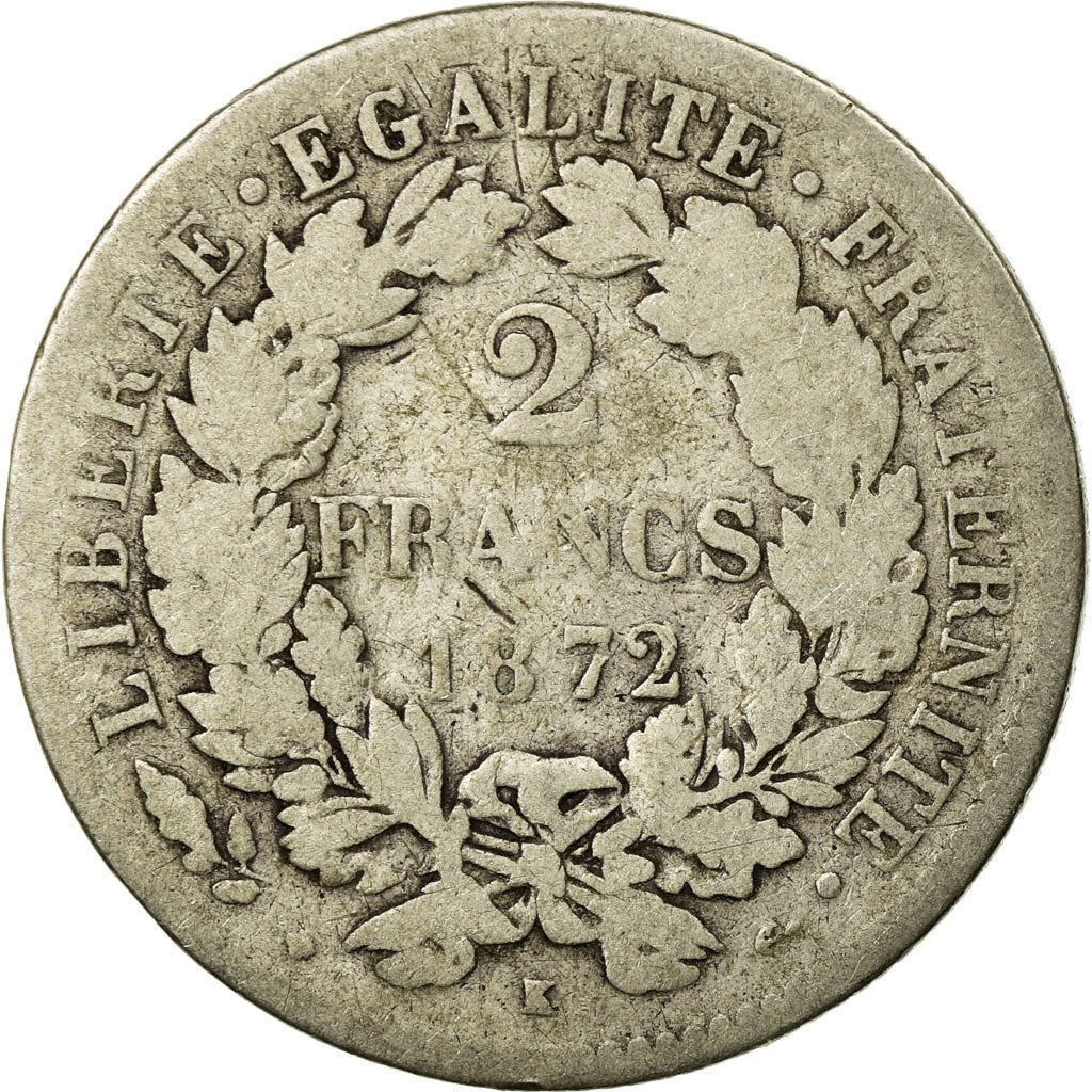 Coin, France, Cérès, 2 Francs, 1872, Bordeaux, VG(8-10), Silver, KM:817.2