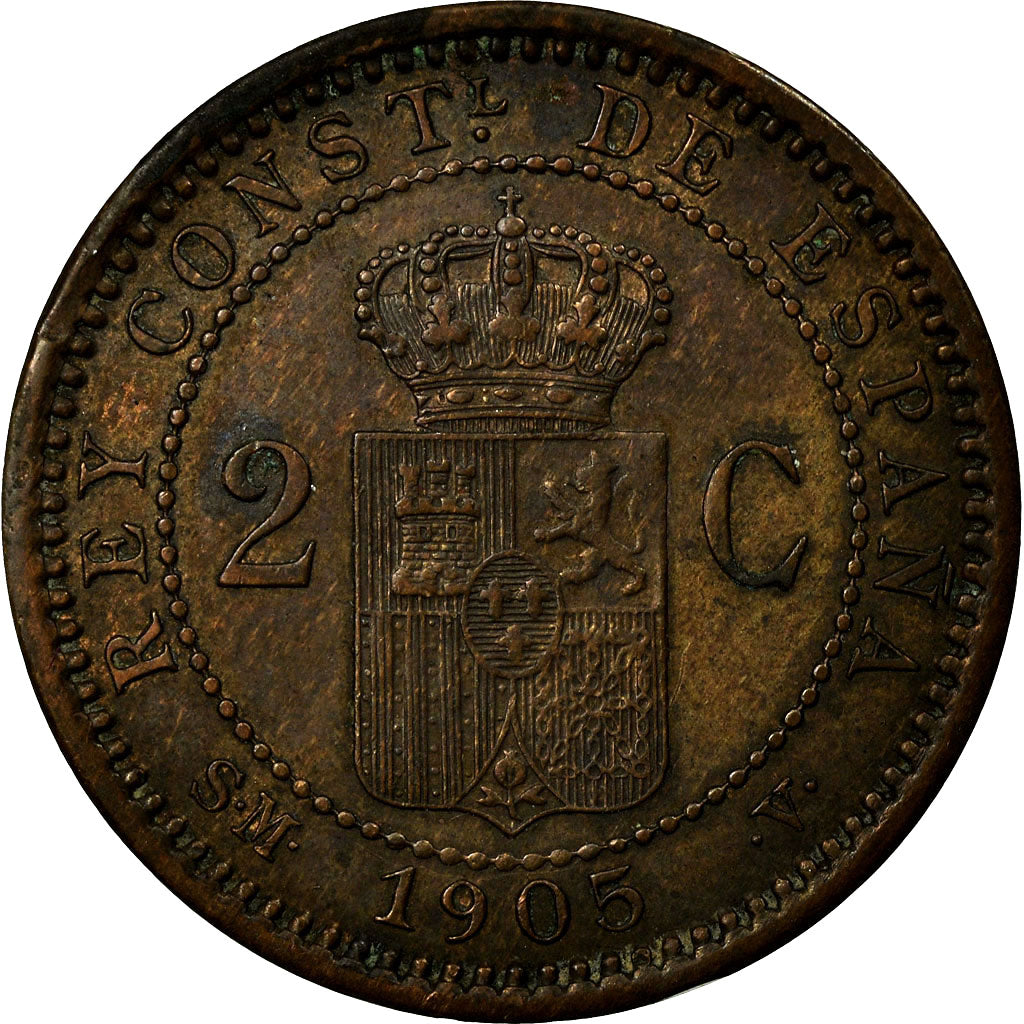 Coin, Spain, Alfonso XIII, 2 Centimos, 1905, Madrid, AU(55-58), Copper, KM:722