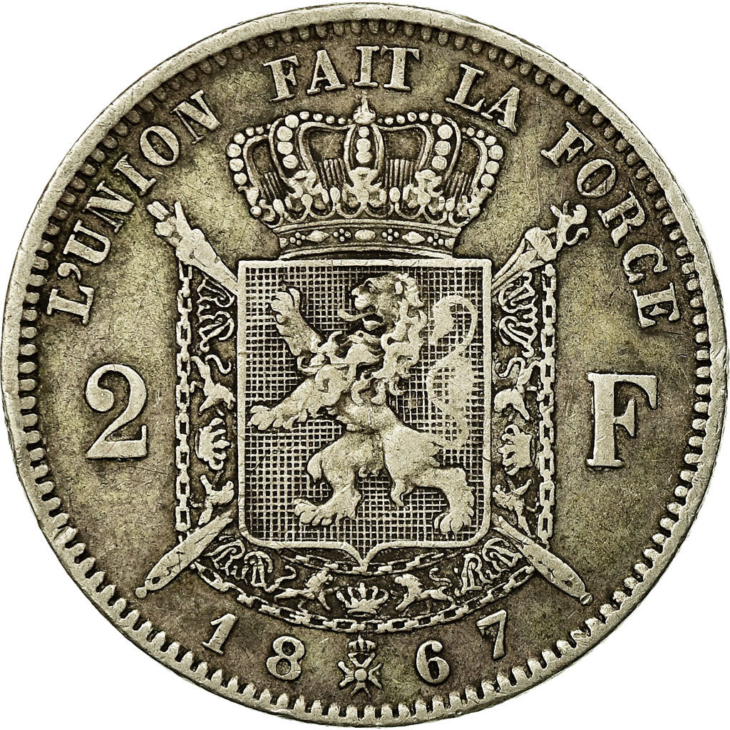 Moneta, Belgia, Leopold II, 2 Francs, 2 Frank, 1867, EF(40-45), Srebro, KM:30.1